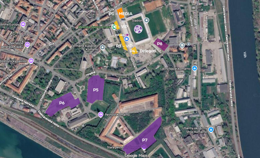 Mapa parkovísk na zápas KFC Komárno – ŠK Slovan Bratislava: P5, P6, P7 pre domácich, P8 pre hostí