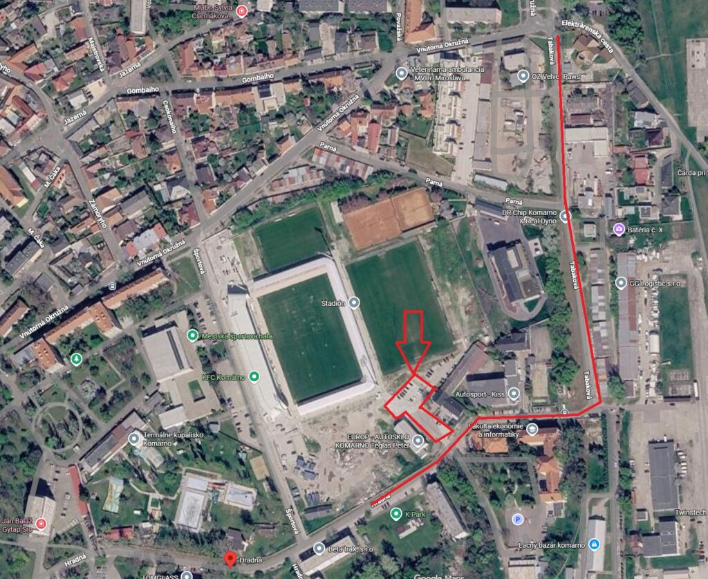 Mapa trasy pre fanúšikov ŠK Slovan Bratislava: Vnútorná okružná – Tabaková – Hradná a parkovisko pri hosťovskom sektore