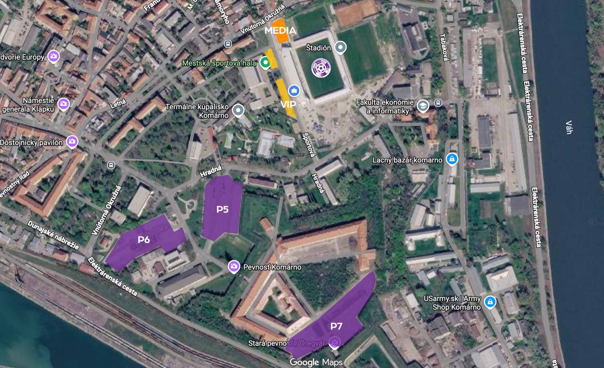 P5, P6, P7, VIP és MEDIA parkolók térképe a KFC Komárno stadion környékén